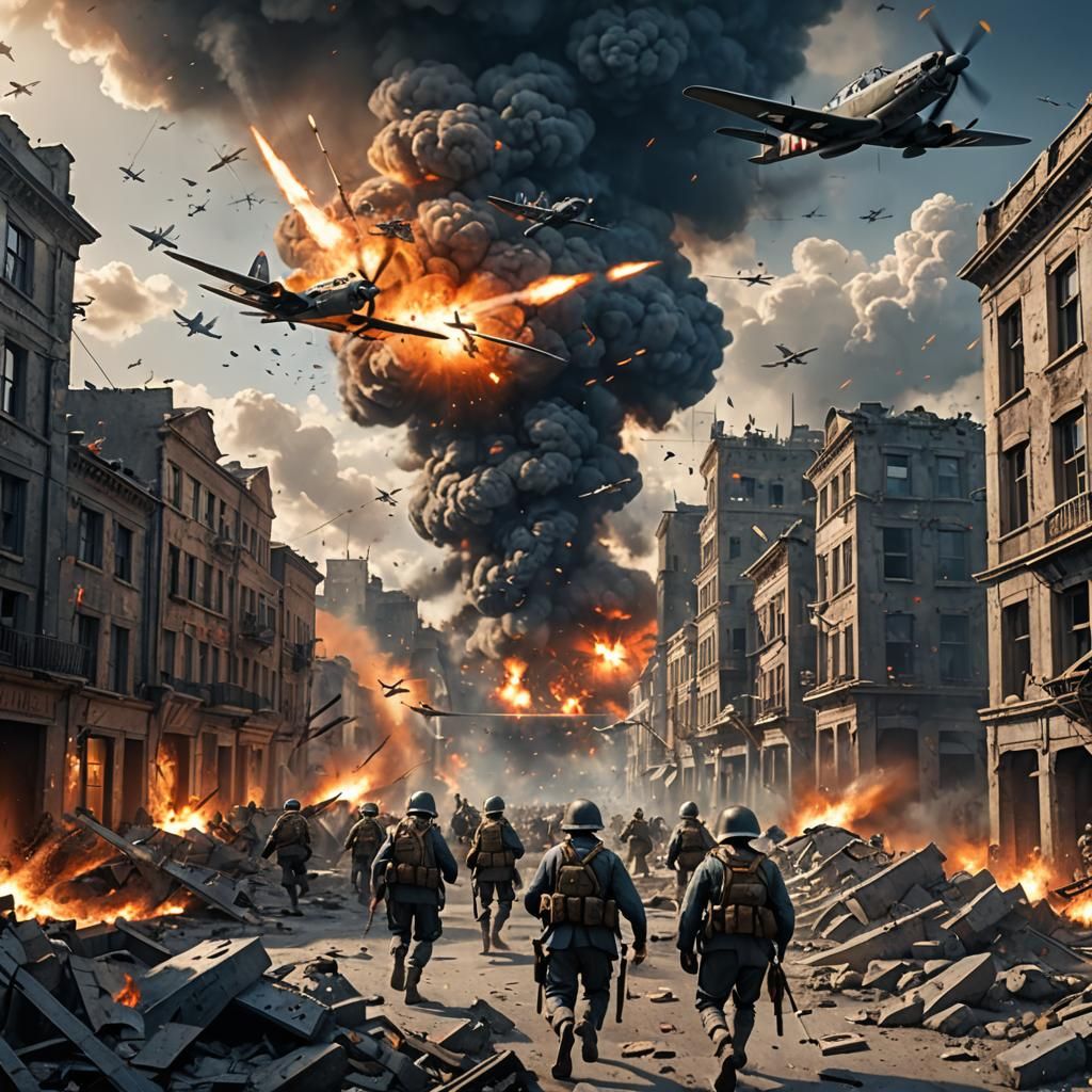 WWII Soldiers in War-Torn City Landscape