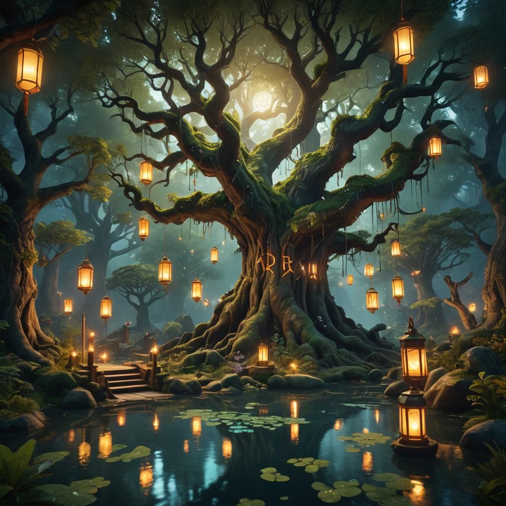 Mystical Forest Sanctuary with Glowing Runes in Matte Painti...