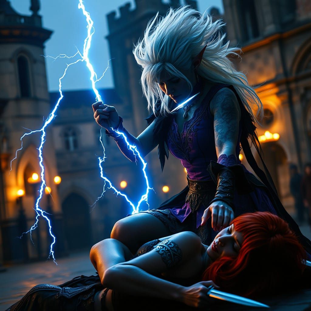 Fierce Dark Elf Confronts Assassin in Cinematic City Square