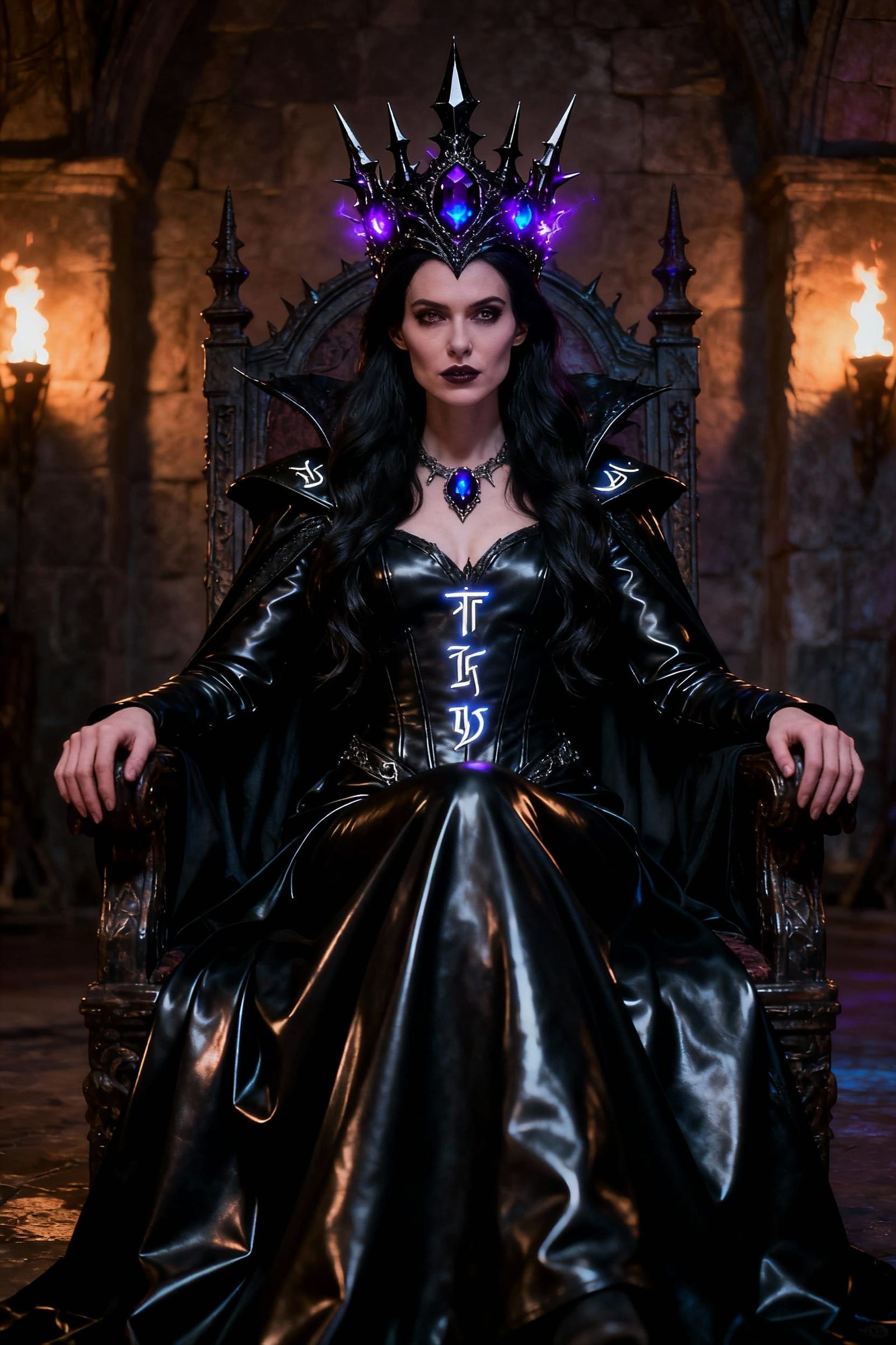 Regal Witch Queen in Shiny Leather Gown with Spiked Crown