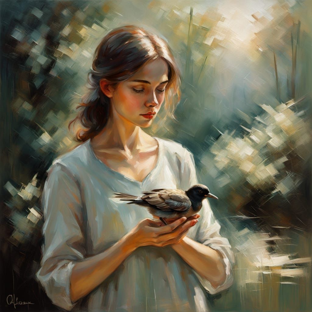 Woman Holds Dead Bird in Impressionist Oil Painting