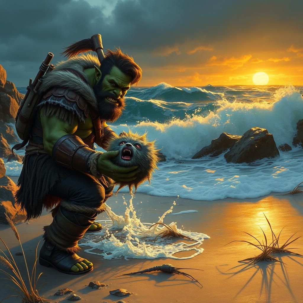 Orc Warrior Rescues Kitten from Stormy Sea