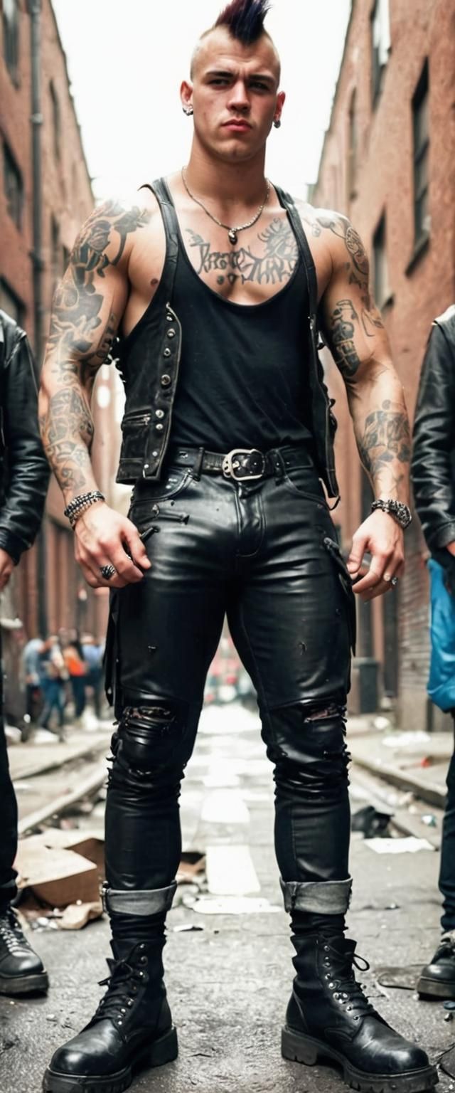 Punk with Mohawk in Ripped Leather Outfit