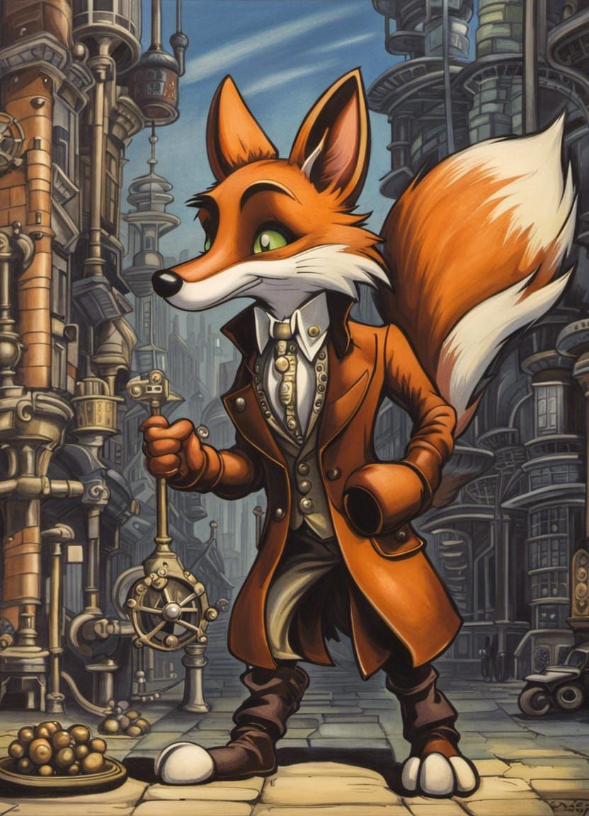 Biomechanical Fox in Steampunk City, Disney-Giger Style