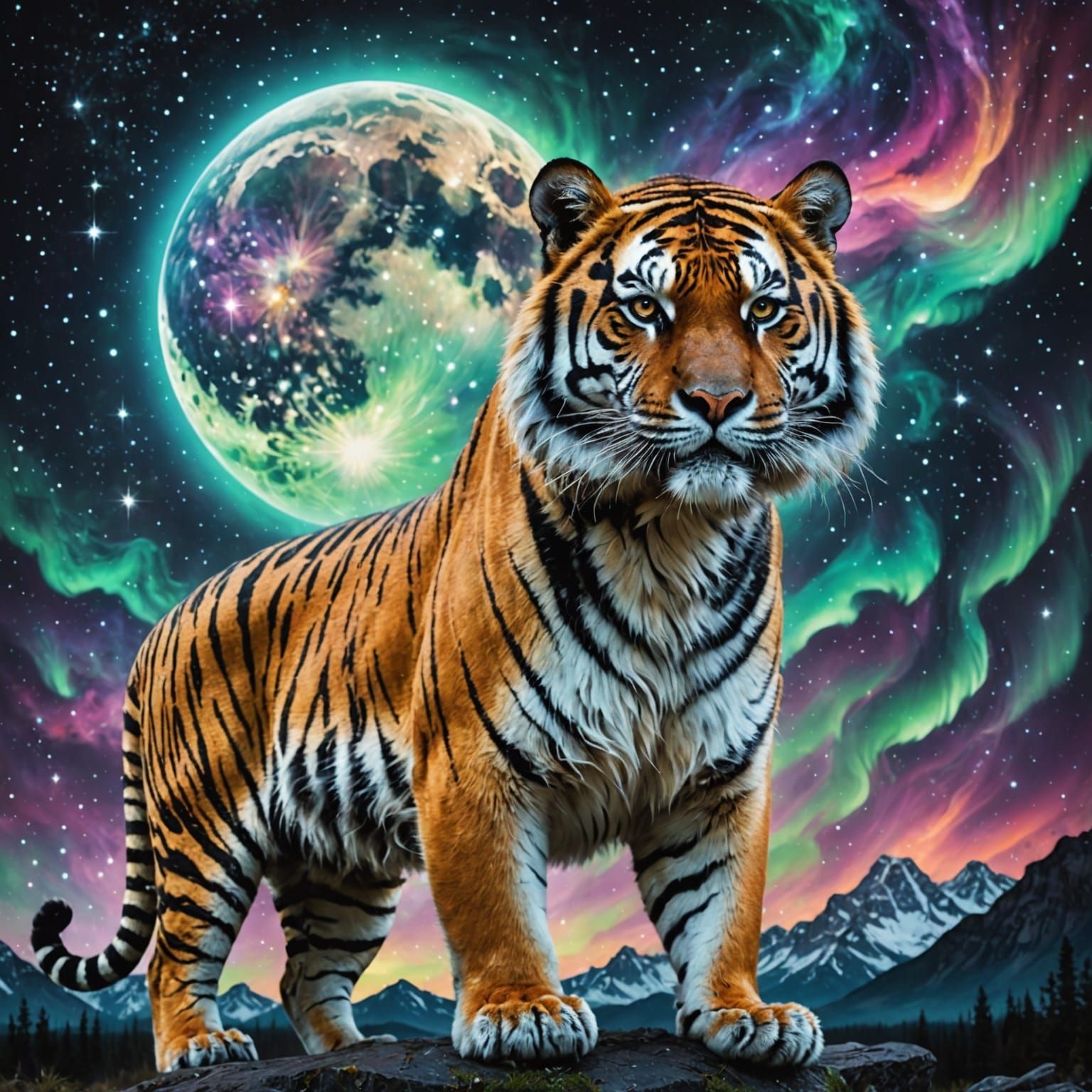 Majestic Tiger Double Exposure Under Cosmic Aurora