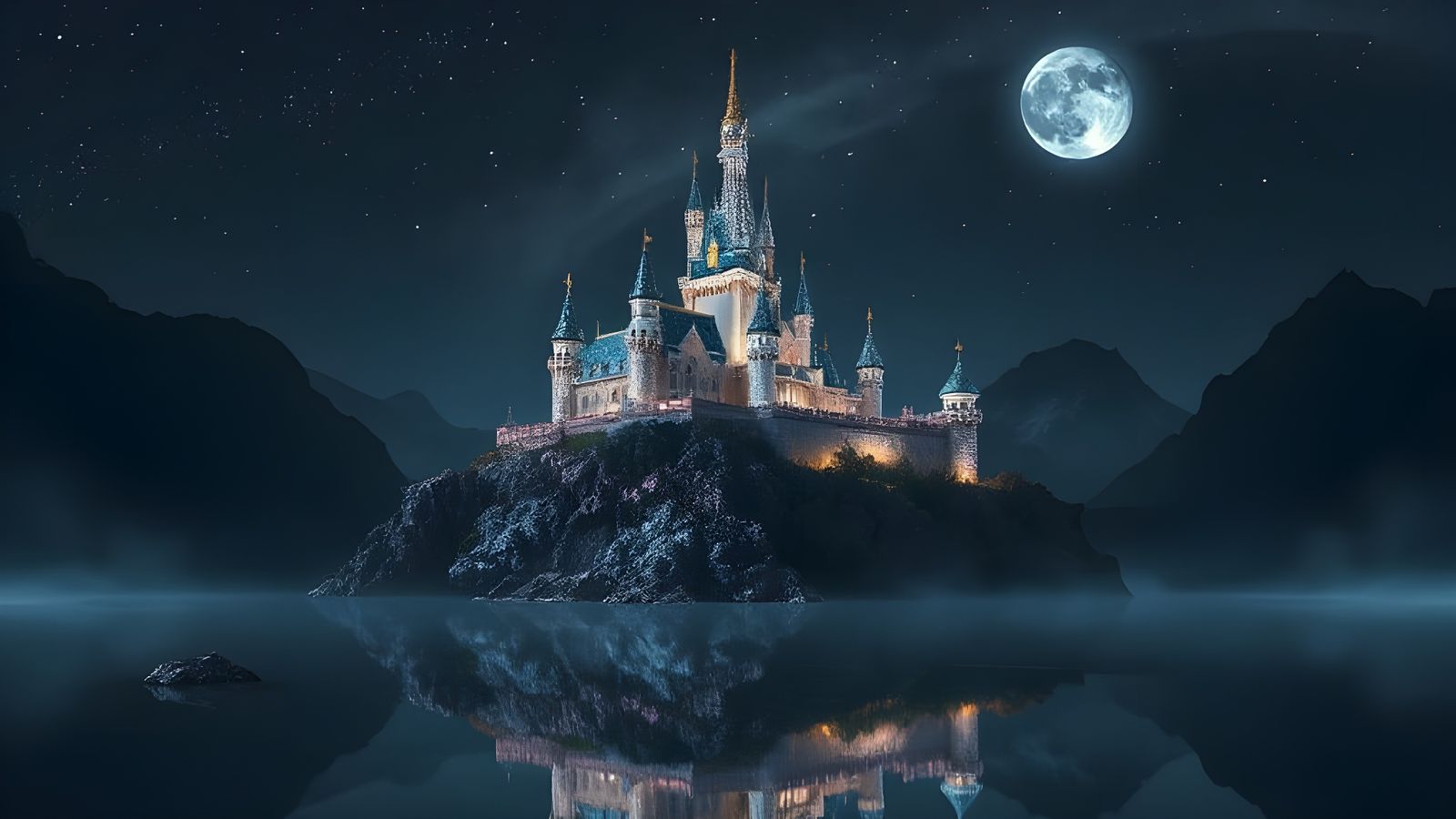 Diamond Castle Radiating Magical Light at Night