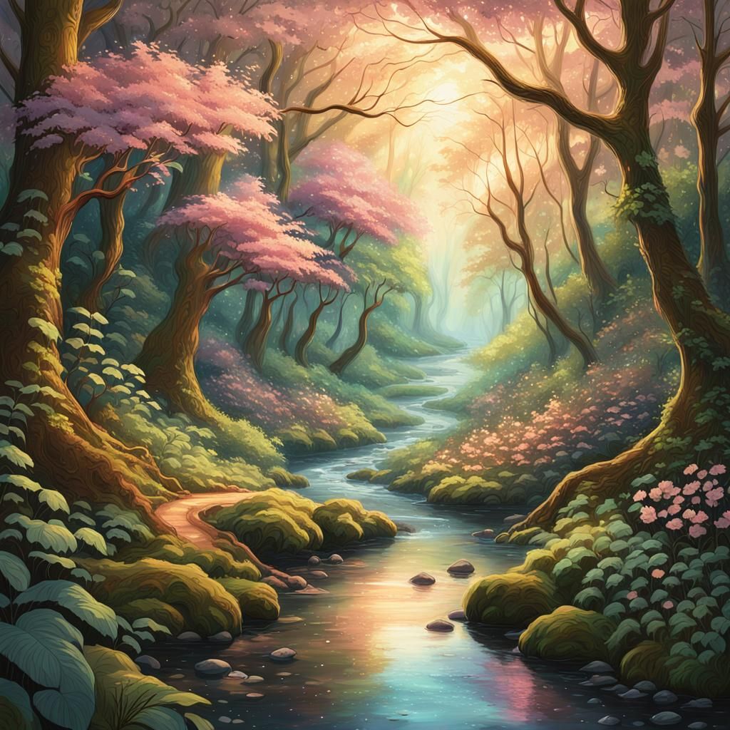 Enchanting Ethereal Forest in Rose-Gold Sunset Hues