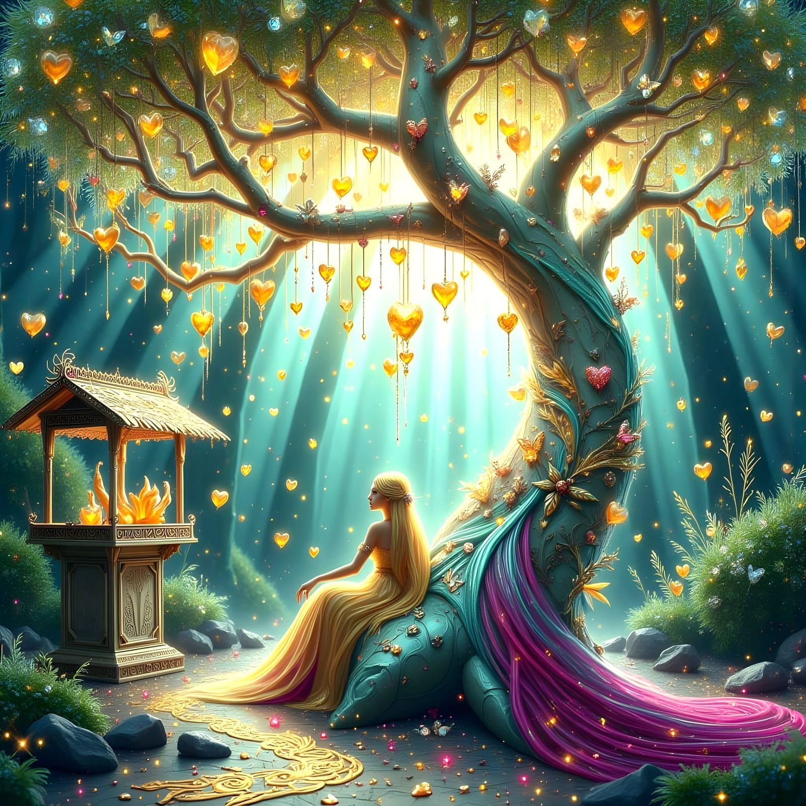 Majestic Tree of Hearts in Whimsical Fantasy Landscape