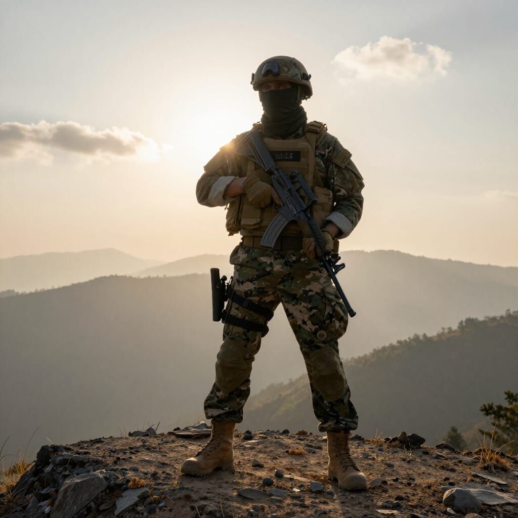Pakistani Commando on Rugged Hilltop at Dawn