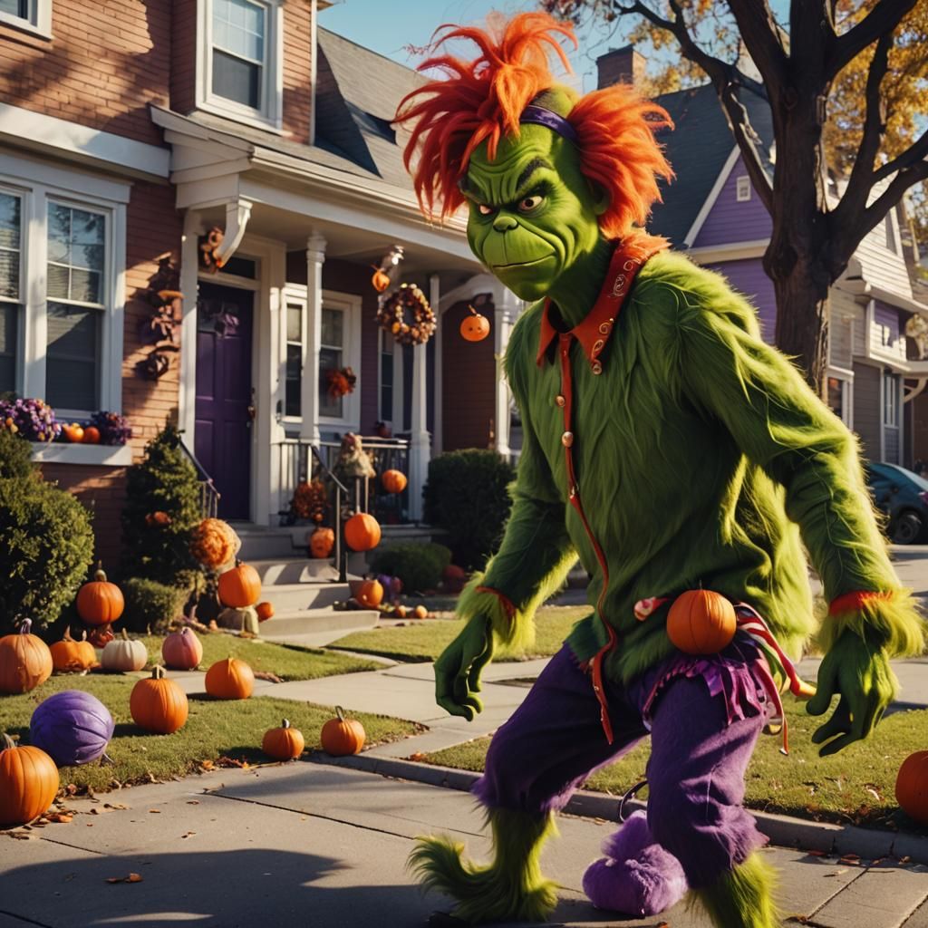 Grinch Steals Halloween Decorations: Cinematic Film Still