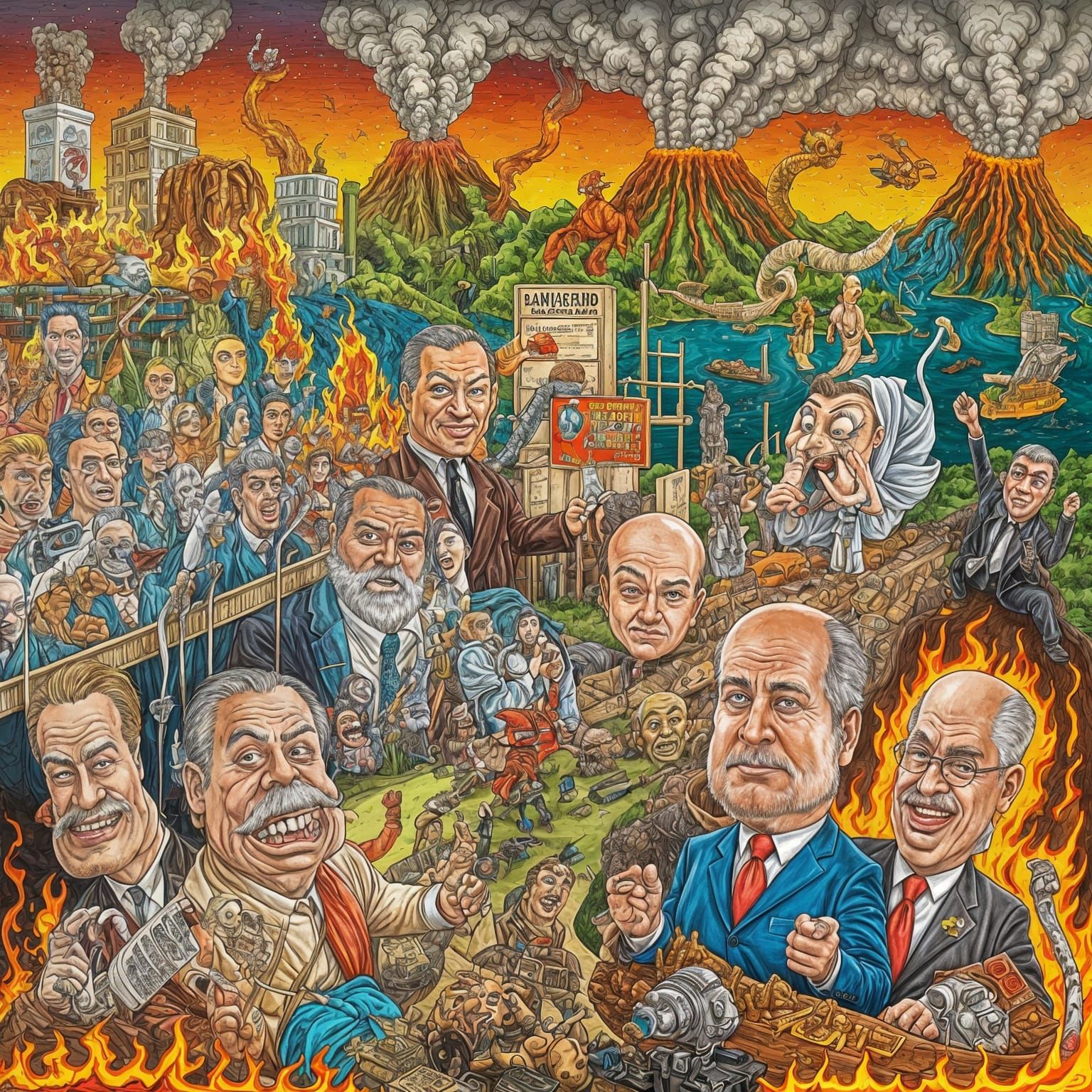 world depicting caricatures of world leaders and symbols of greed, pride