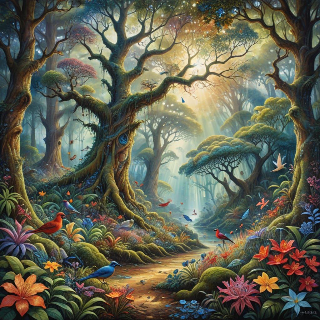 Lush Jungle Biodiversity Painting in Watercolor Style