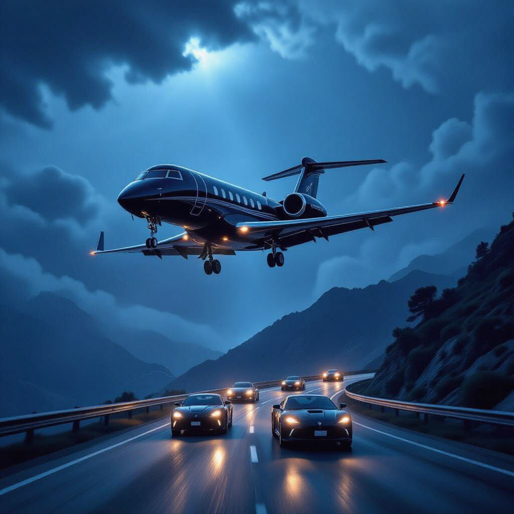 Black Jet Soars Through Stormy Sky, Action Movie Style