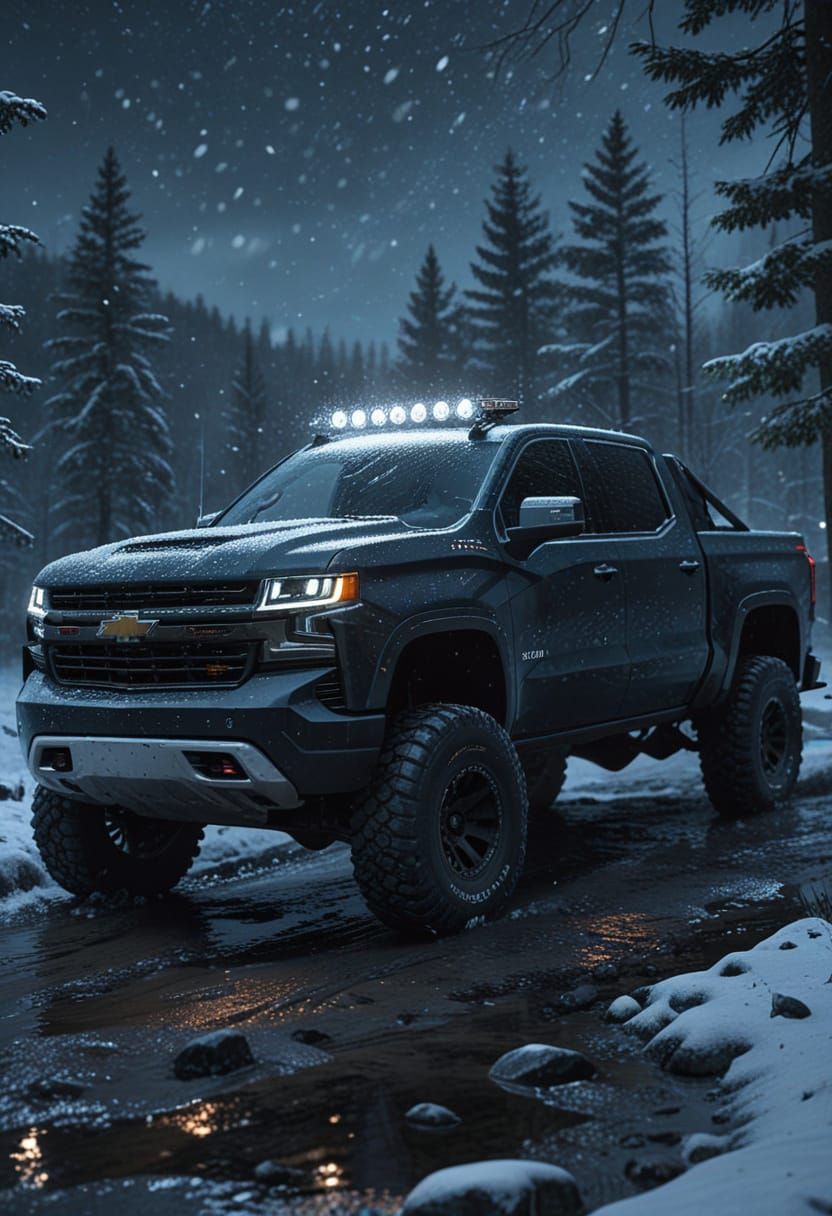 Black Chevy Silverado in Snowy Mountain Creek