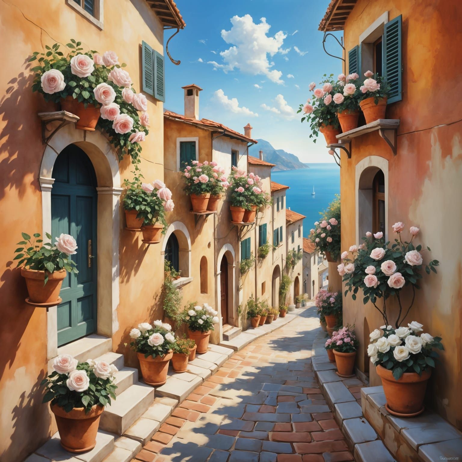 Italian Seaside Street in Oil Painting Style