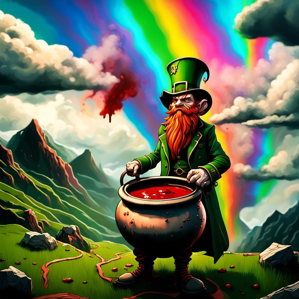 Menacing Leprechaun with Pot of Blood in Storm