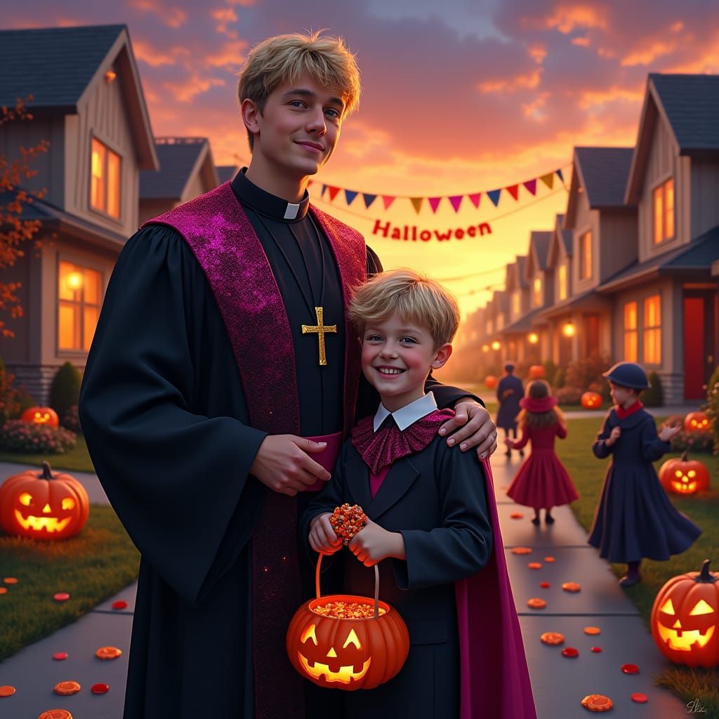 Halloween Scene with Mischievous Priest and Altar Boy