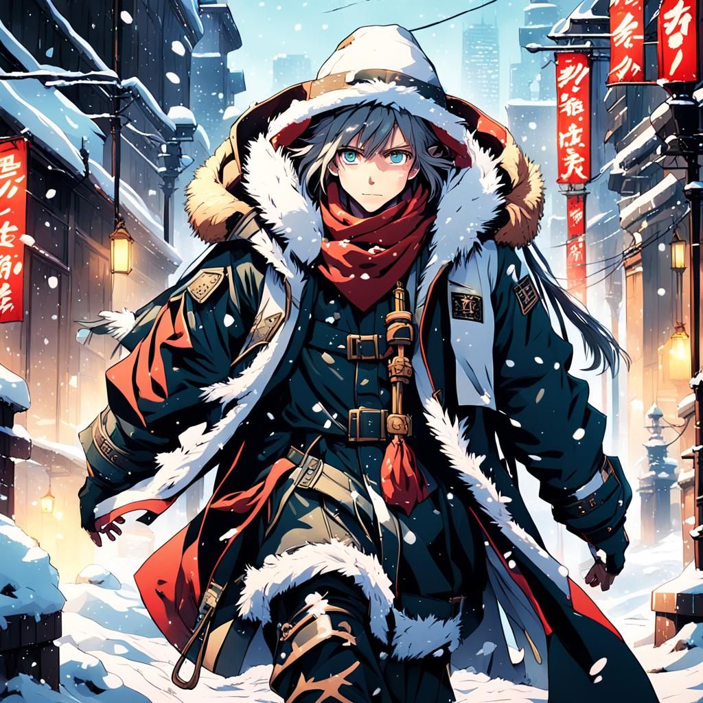 Anime Action in Snowy Cityscape with Winter Fashion