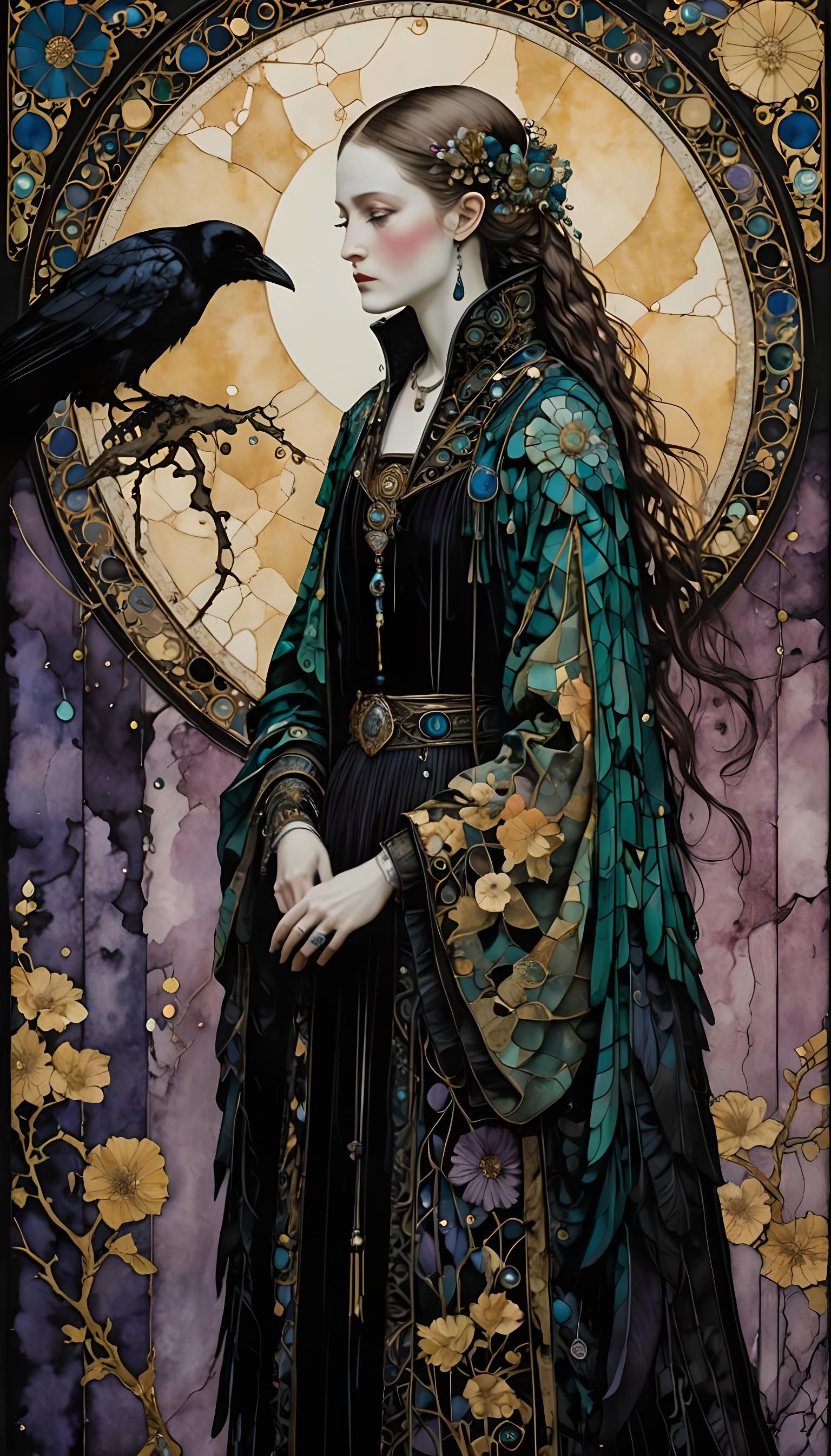 Gorgeous Woman with Raven in Alcohol Ink Drawing