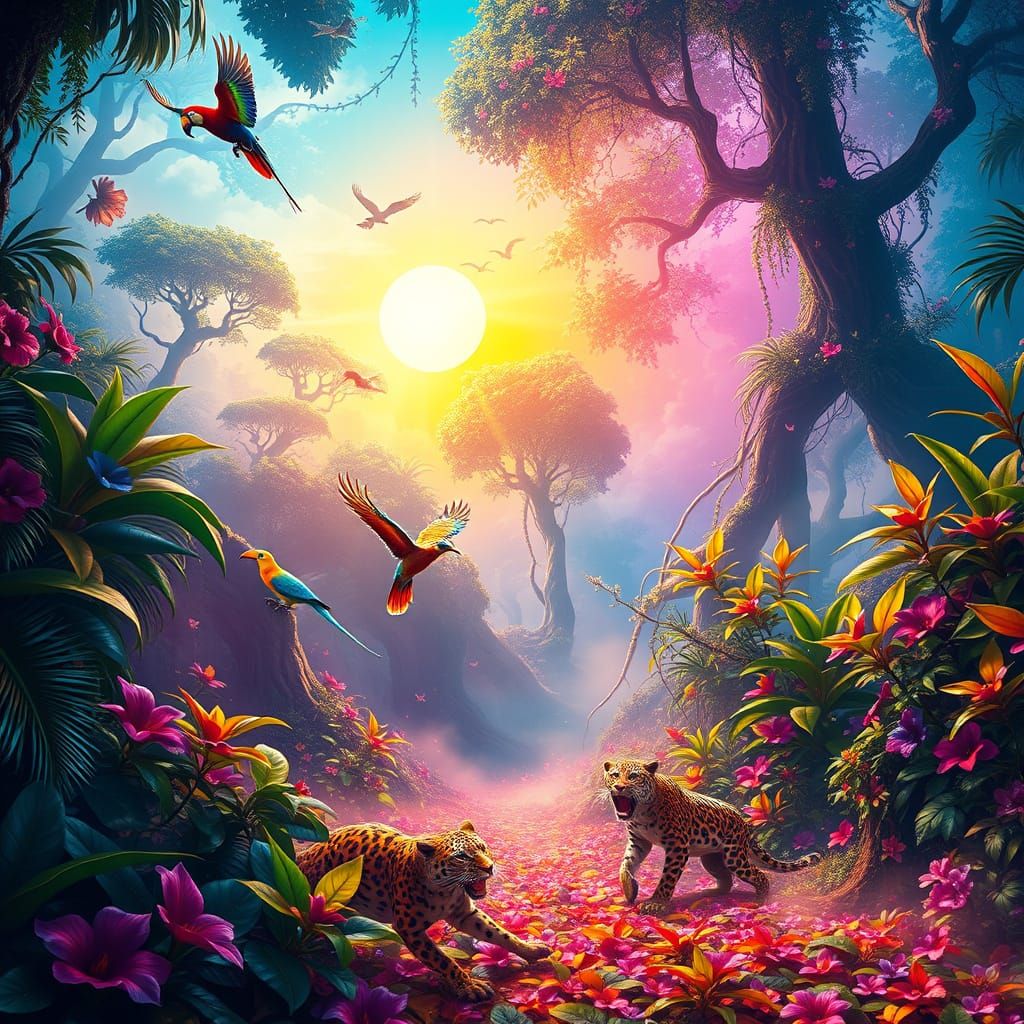 Fantasy Jungle Scene in Vibrant, Dreamlike Colors