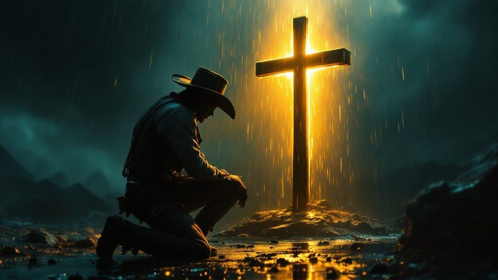 Cowboy Kneeling at Cross in Storm, Cinematic Still