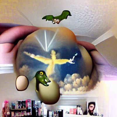 Flying Dinosaur Egg Jesus: AI-Generated Surreal Image