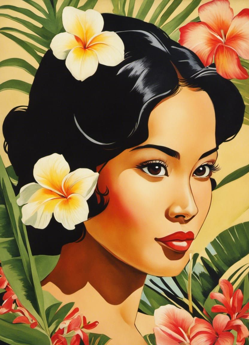 Indonesian Beauty with Tropical Flowers in Pop Art Style