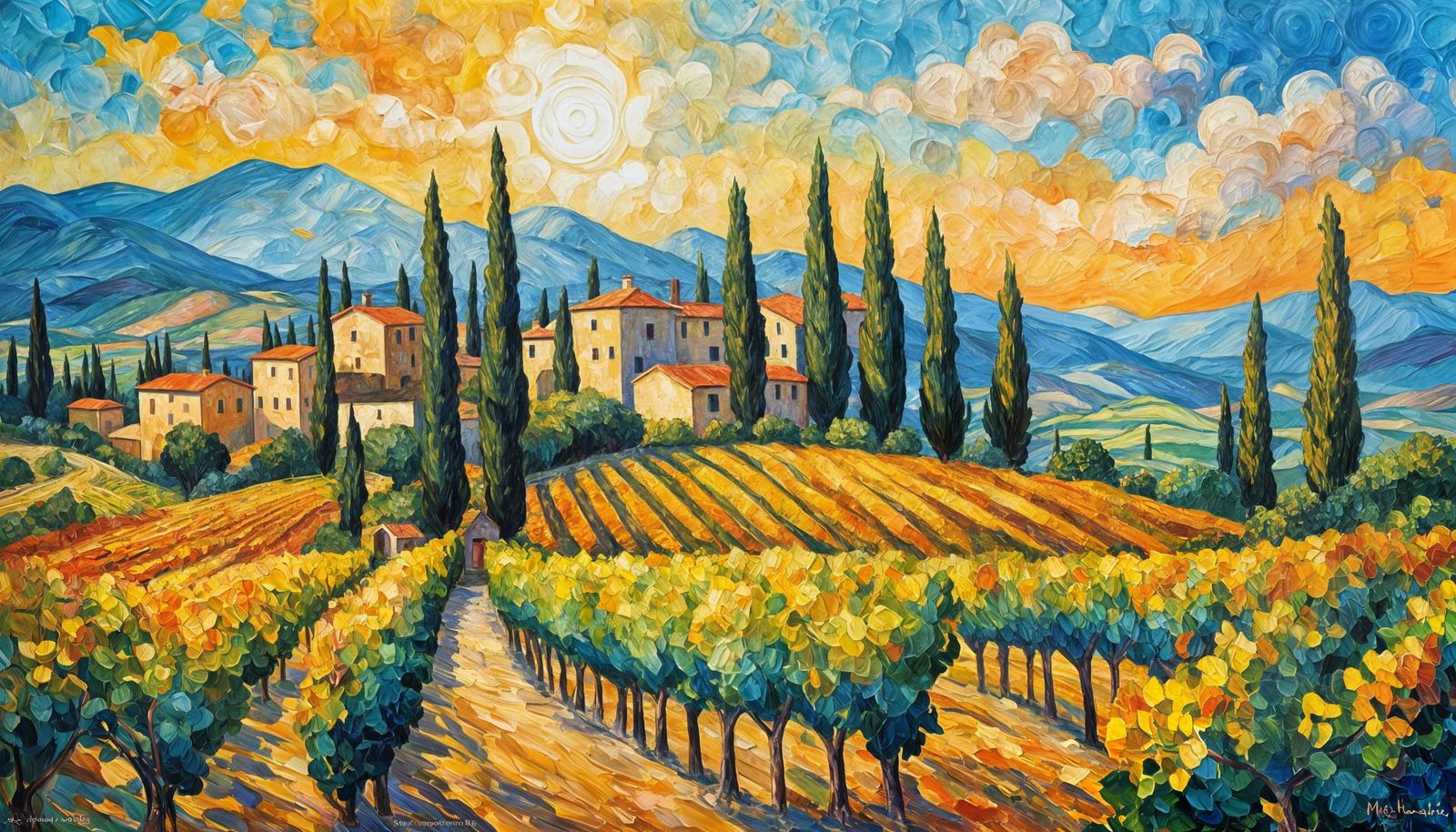 Italian Vineyards Neo-Impressionist Oil Painting