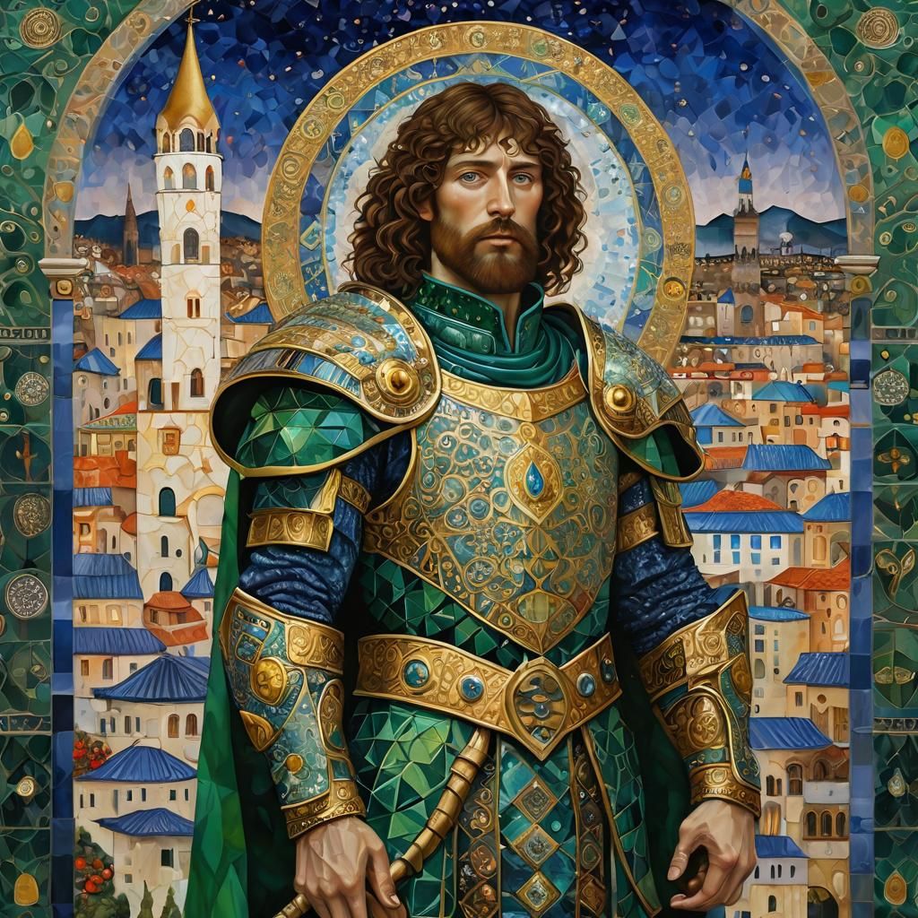 Heroic Figure in Klimt-Inspired Byzantine Art Nouveau