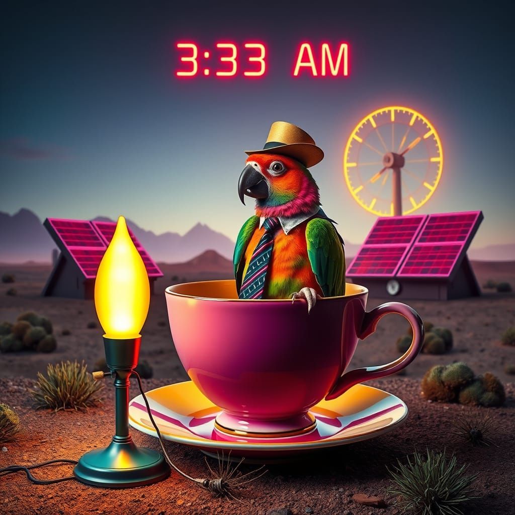 Neon Parrot Broadcasts from Teacup Studio in Surreal Style