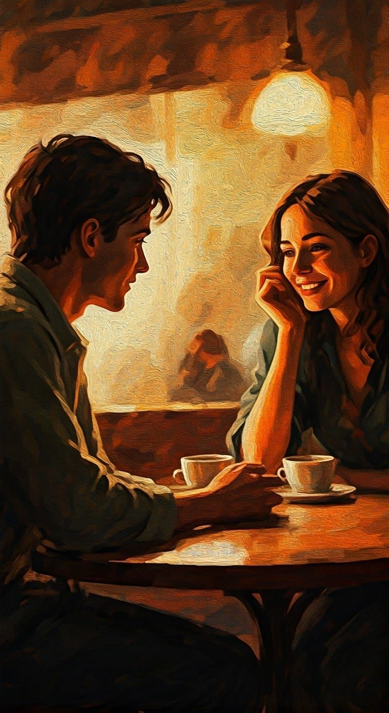 Intimate Café Scene in Earthy Tones and Soft Lighting