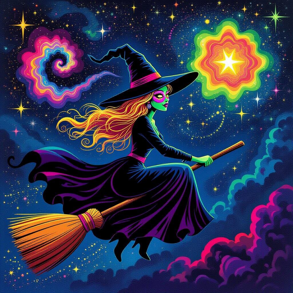 Psychedelic Halloween Witch Rides Broom Through Starry Night