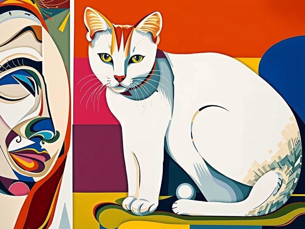 Cubist Woman and White Cat in Geometric Neo-Cubism Art