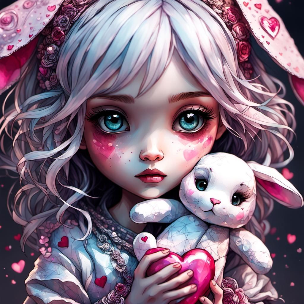 Chibi Valentine Girl with Bunny, Digital Art