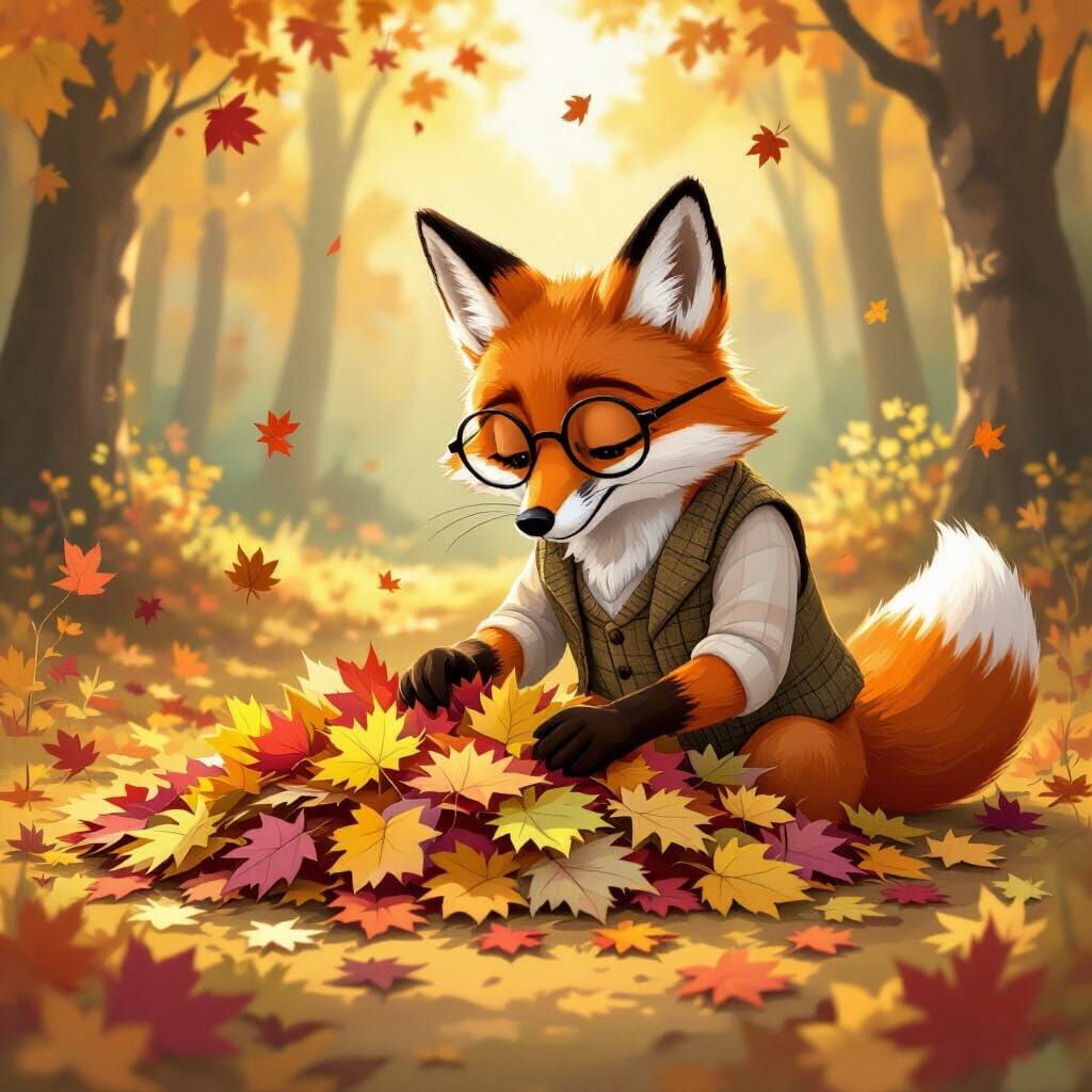 Anthropomorphic Fox Arranges Autumn Leaves in Forest