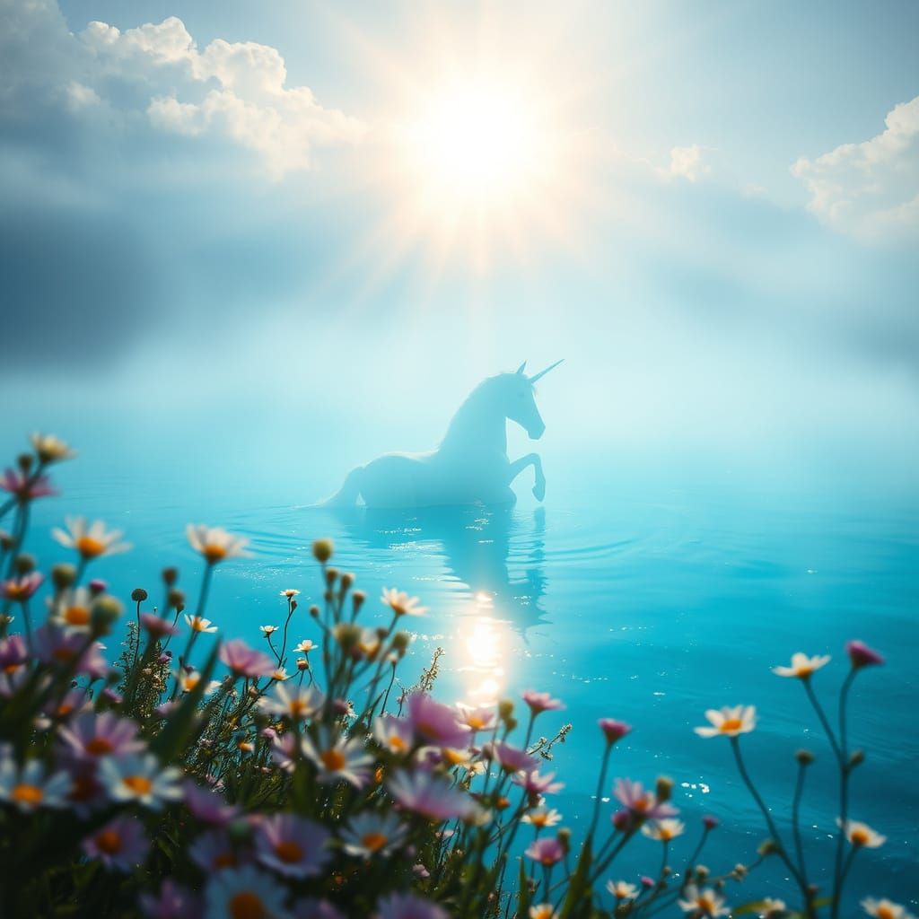 Magical Unicorn in an Enchanted Blue Lagoon