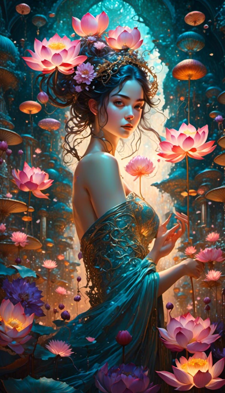 Anime Flower Girl Lotus in Hyperdetailed Illustration