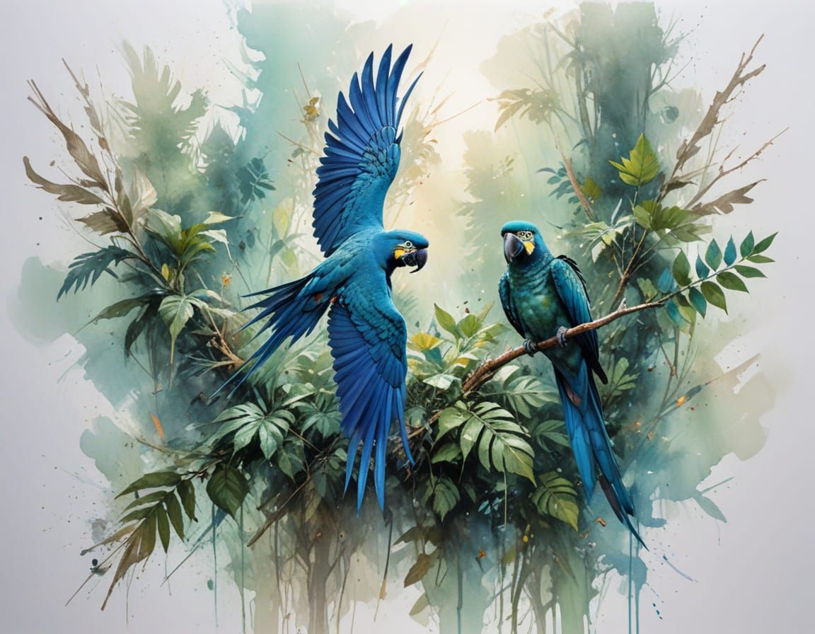 Cobalt Blue Macaws Soar Over Amazon Canopy