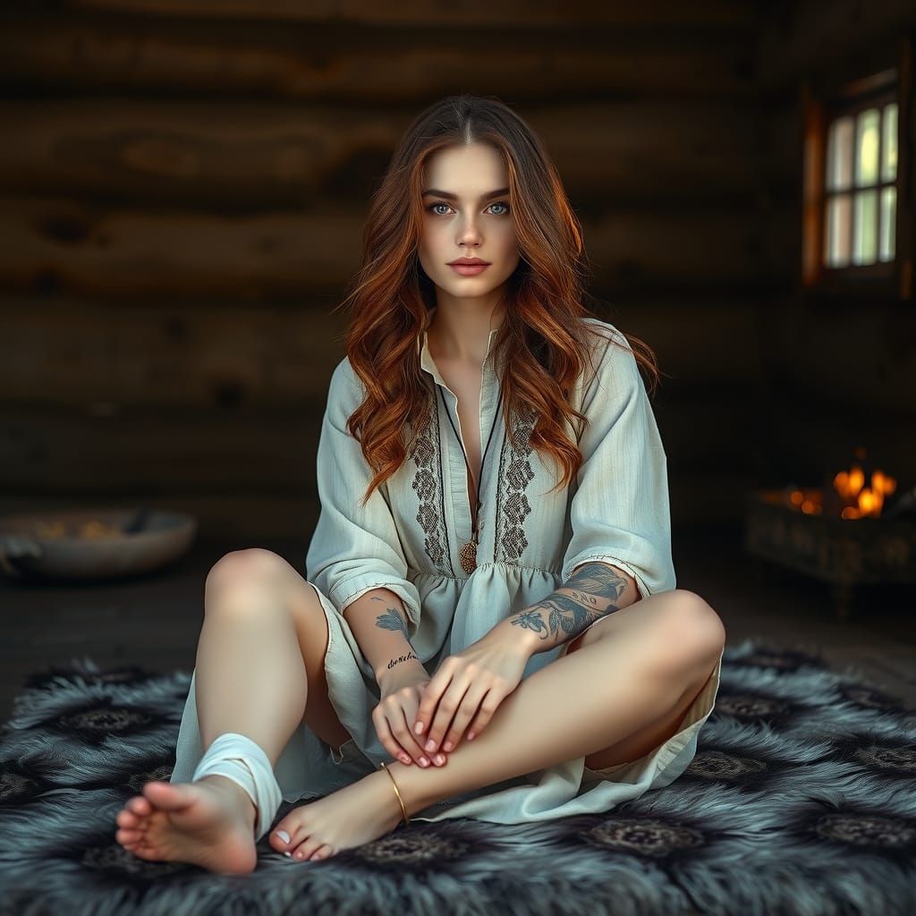 Gentle Slavic Woman in Rustic Cabin, Realistic Photo