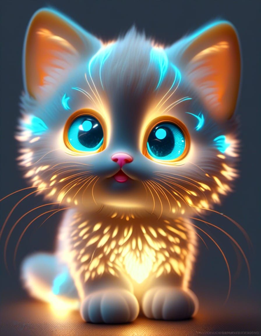 Adorable Fuzzy glowing fiberoptic luminous chibi kitten is glowing bioluminescent, photo of the year, high resolution, i...