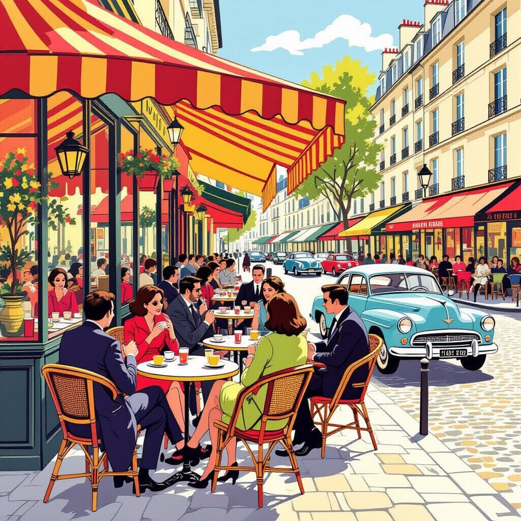 1960s Parisian Cafe Scene in Mid-Century Illustration Style