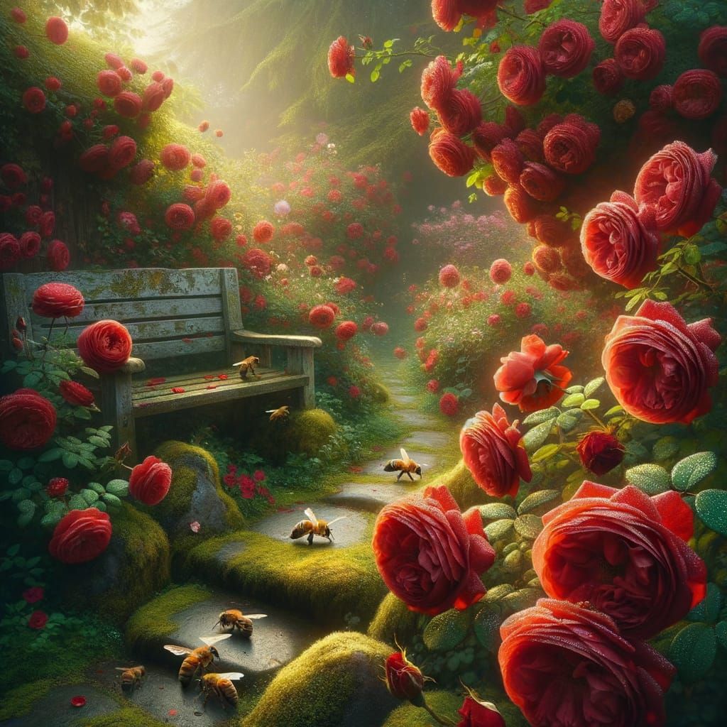 Lush Rose Garden with Bees and Mossy Path