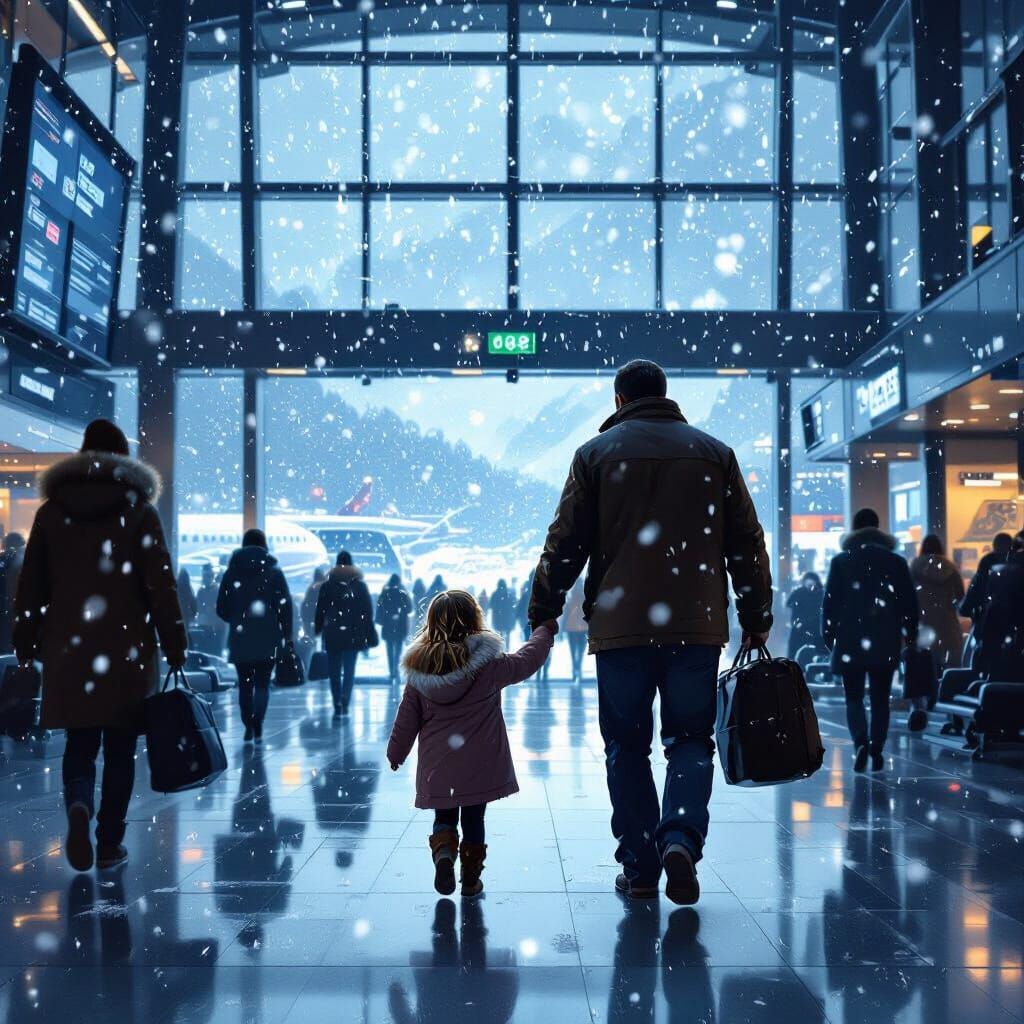 Family Navigates Snowstorm in Bustling Airport