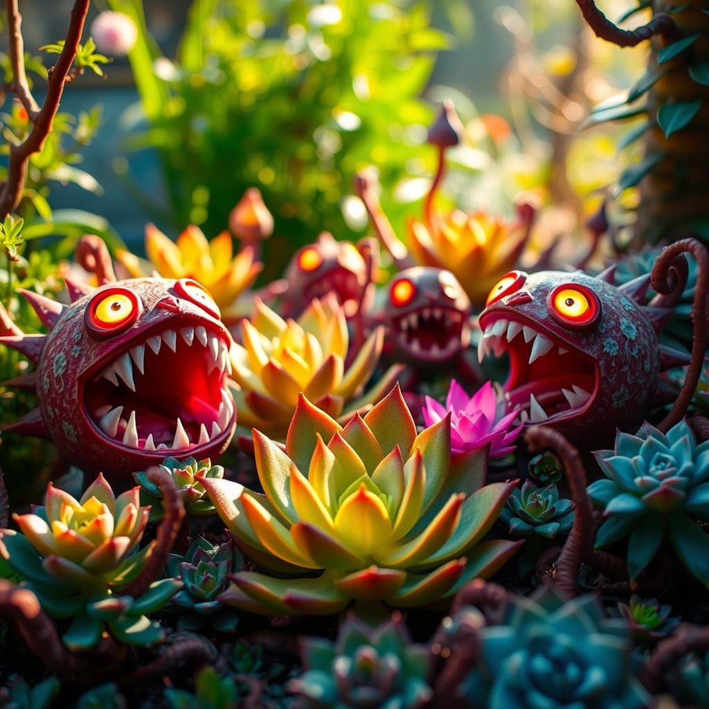 Whimsical Garden of Succulents with Teeth and Eyes