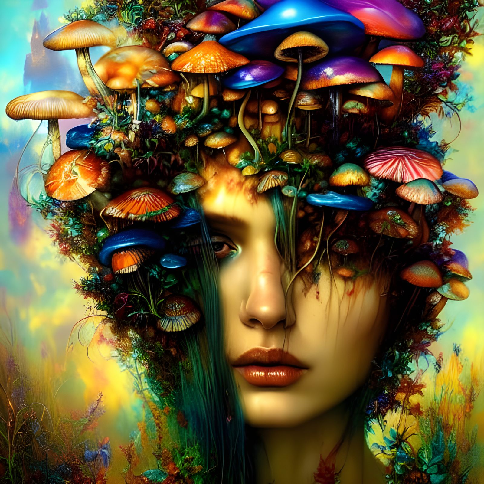Colorful Magic Mushrooms in Fantasy Landscape