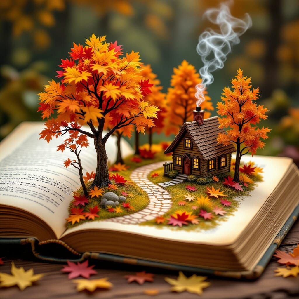 Miniature Autumn Forest Blooms in Antique Book, Storybook St...