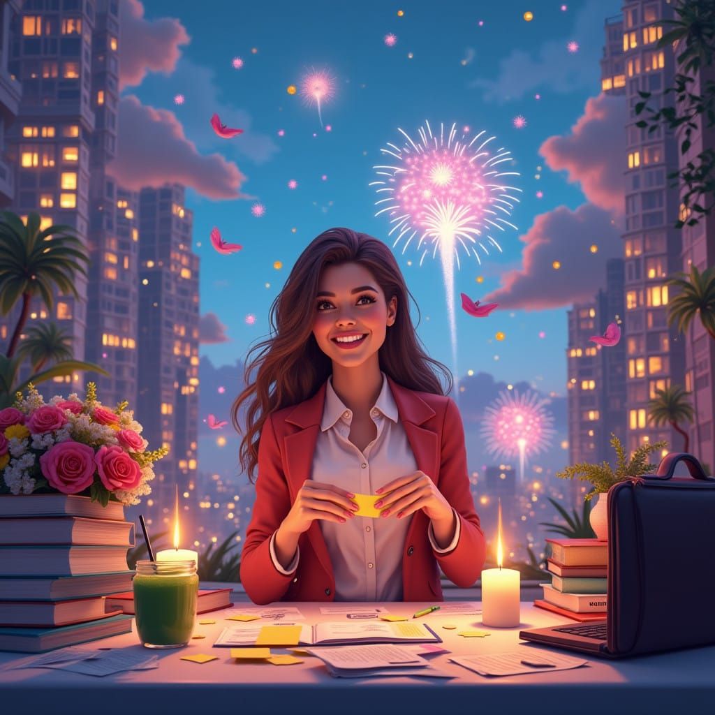 Fantastical New Year Celebration in a Neon-Lit Cityscape