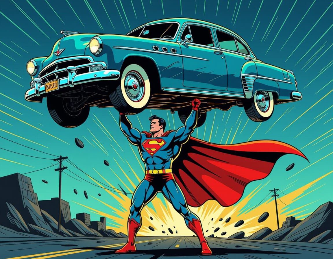 Superman Lifts Damaged 1940s Sedan in Metallic Vector Style