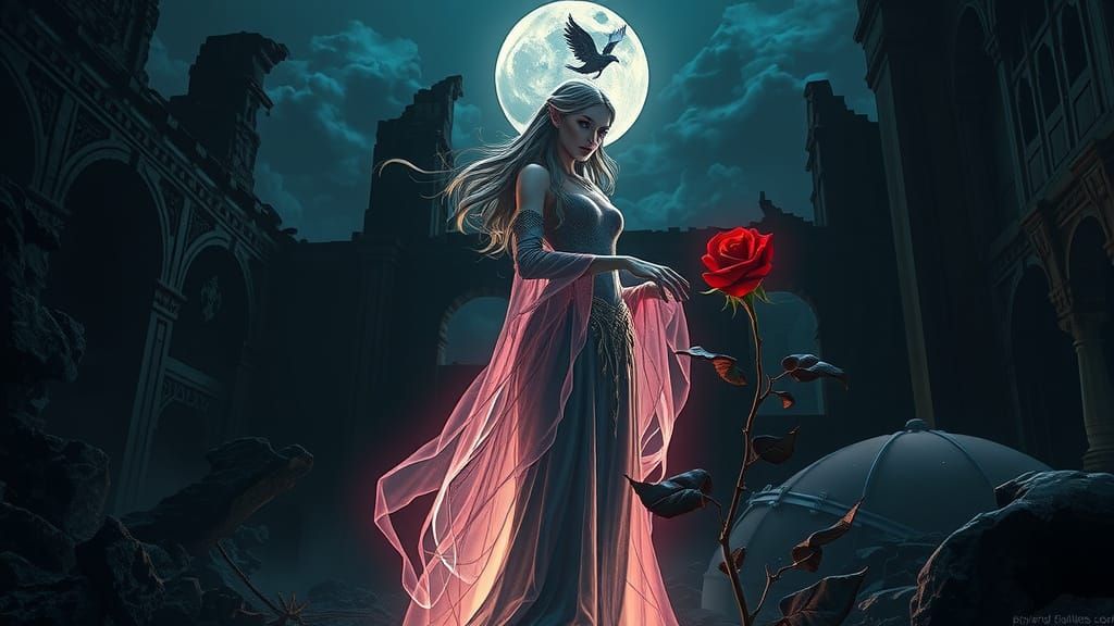 Spectral Sorceress in Moonlit Ruin, Dark Fantasy Oil Paintin...