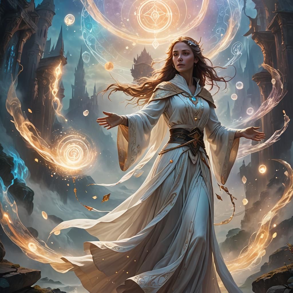 Light Sorceress Floating in Surreal Landscape